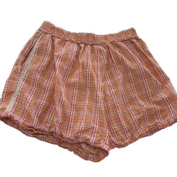 Free People Shorts Womens Small Orange Pink Plaid Boho Crochet Trim 100% Cotton - Picture 2 of 8